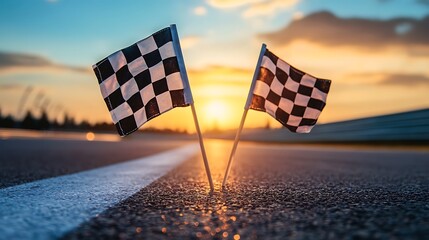 Two checkered racing flags on empty track at sunrise motorsport tournament symbol racing spirit competition beginning