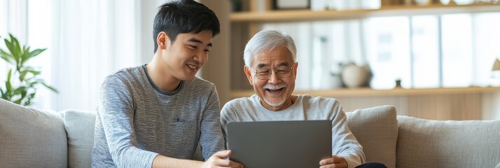Joyful Son Guiding Senior Father on Laptop: A Heartwarming Learning Moment at Home