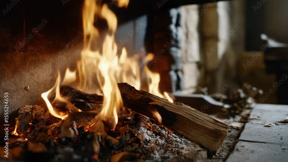 Poster cozy fireplace with burning logs creating a warm and relaxing atmosphere. for winter and holiday the