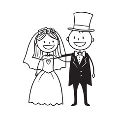 Fototapeta premium Cartoon Wedding Bliss A Cheerful Bride and Groom in Black and White Illustration Celebrating their Special Day