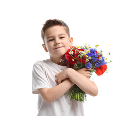 Cute little boy with bouquet of beautiful flowers on white background