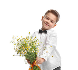 Cute little boy giving bouquet of beautiful chamomile flowers on white background