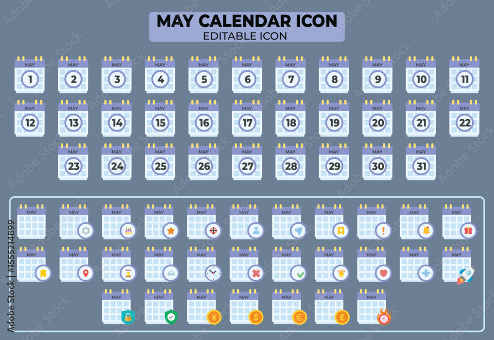 Poster collection of editable calendar icons for the month of may with different days and symbols