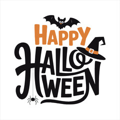 Happy Halloween Typography with Bat Spider and Witch Hat,Halloween Lettering Design with Decorative Elements,Hand Drawn Halloween Text with Bat and Witch Hat,Festive Halloween Calligraphy with Spide