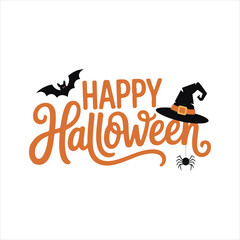 Happy Halloween Typography with Bat Spider and Witch Hat,Halloween Lettering Design with Decorative Elements,Hand Drawn Halloween Text with Bat and Witch Hat,Festive Halloween Calligraphy with Spide