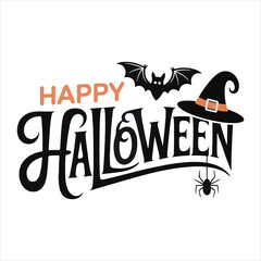 Happy Halloween Typography with Bat Spider and Witch Hat,Halloween Lettering Design with Decorative Elements,Hand Drawn Halloween Text with Bat and Witch Hat,Festive Halloween Calligraphy with Spide