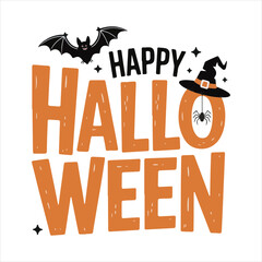 Happy Halloween Typography with Bat Spider and Witch Hat,Halloween Lettering Design with Decorative Elements,Hand Drawn Halloween Text with Bat and Witch Hat,Festive Halloween Calligraphy with Spide