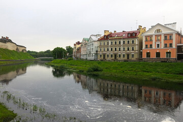 Fototapeta premium An elite quarter in Pskov by the river opposite the Kremlin