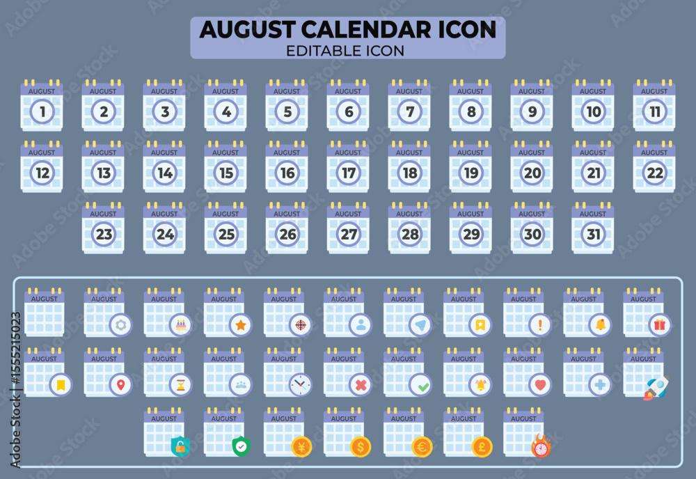 Poster set of august calendar icon templates with editable design elements for planning and scheduling