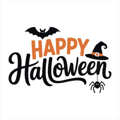 Happy Halloween Typography with Bat Spider and Witch Hat,Halloween Lettering Design with Decorative Elements,Hand Drawn Halloween Text with Bat and Witch Hat,Festive Halloween Calligraphy with Spide