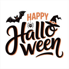 Happy Halloween Typography with Bat Spider and Witch Hat,Halloween Lettering Design with Decorative Elements,Hand Drawn Halloween Text with Bat and Witch Hat,Festive Halloween Calligraphy with Spide