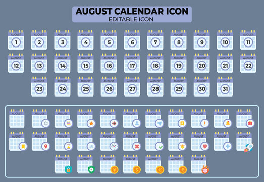 Set of August Calendar Icon Templates with Editable Design Elements for Planning and Scheduling