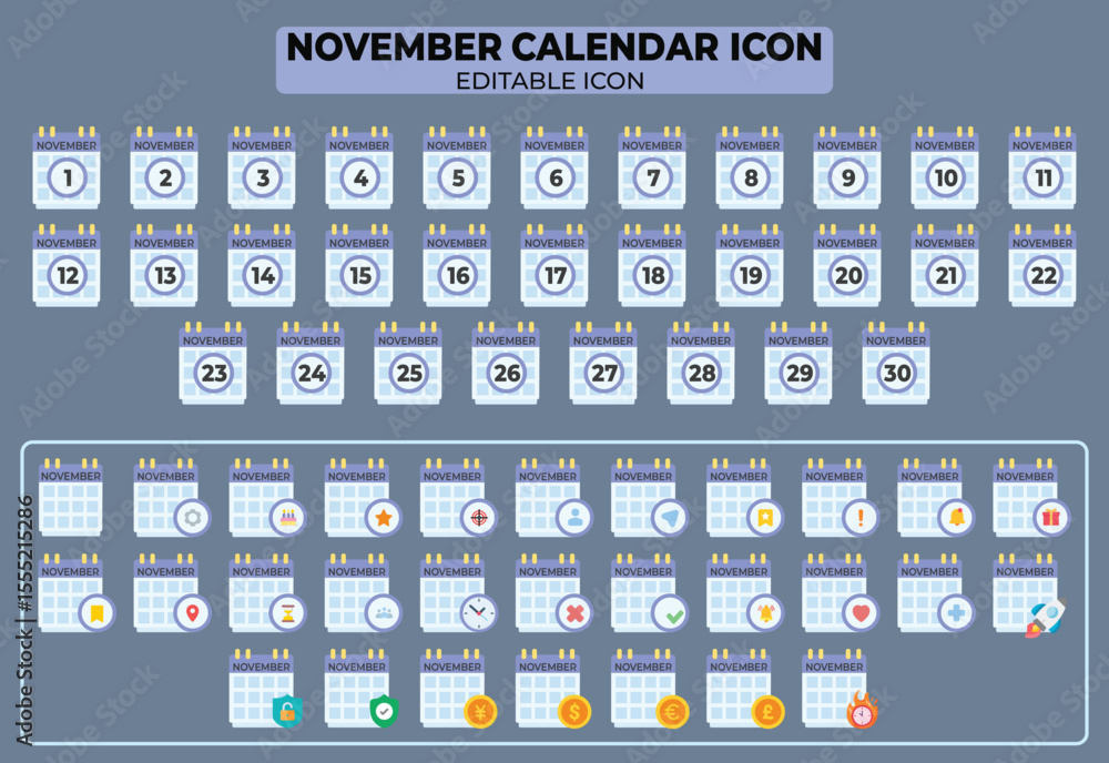 Poster collection of november calendar icons with dates and various symbols for planning