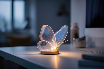 Butterfly-inspired LED lamp on a minimalist desk, soft and dreamy glow