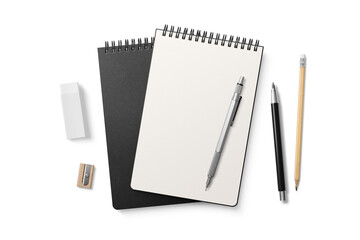 Spiral bound notebook mockup template with black paper cover isolated on a transparent background, PNG. High resolution.