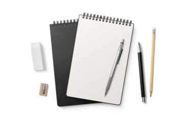 Spiral bound notebook mockup template with black paper cover isolated on a transparent background, PNG. High resolution.