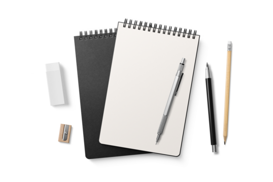 Spiral bound notebook mockup template with black paper cover isolated on a transparent background, PNG. High resolution.