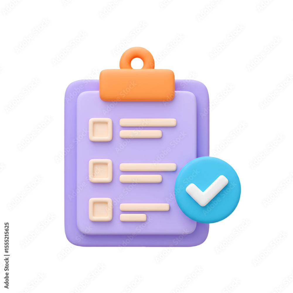 Poster 3d stylized checklist with checkboxes and a blue circle with a white checkmark isolated on transpare