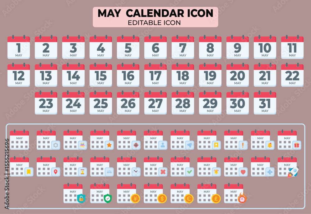 Poster may calendar icon set with dates and editable icons for graphic design projects and planning