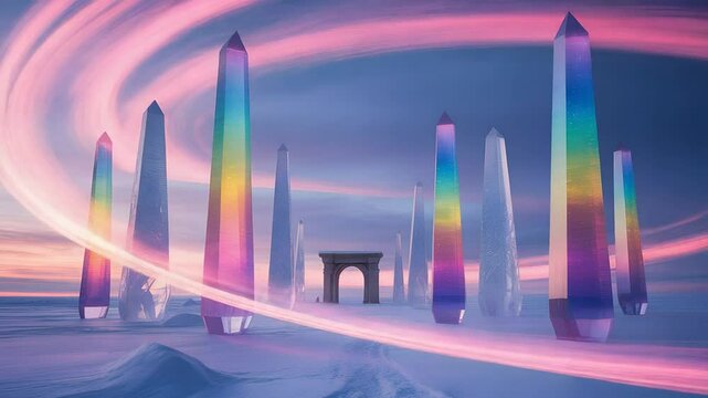 Rainbow crystal obelisks in snowy landscape with glowing pink rings