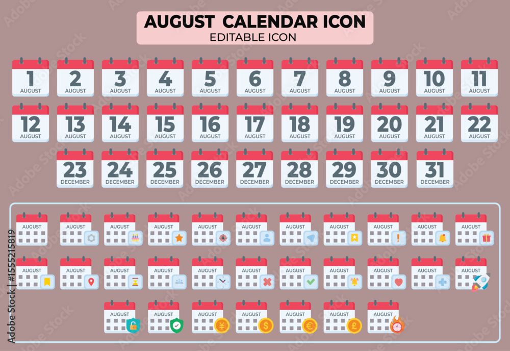 Poster august calendar icon set featuring editable templates for various scheduling and reminder needs with