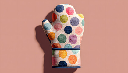 A colorful polka dot oven mitt and apron, perfect for baking or cooking, illustrated in a playful, watercolor style.