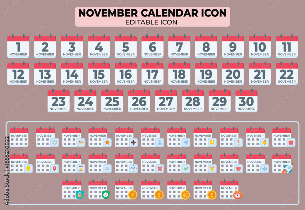 Poster november calendar icon set with editable elements for planning and scheduling