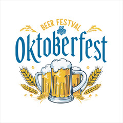 Oktoberfest Beer Festival Typography with Beer Mugs and Wheat,Traditional Oktoberfest Banner with Beer and Barley Design,Oktoberfest Poster with Beer Glasses and Hops Decoration