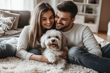 Joyful Family Moment: Young Couple with Their Happy Dog Relaxing on Soft Carpet at Home