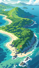 Fototapeta premium Scenic Coastal Island with Lush Green Mountains. Vector Illustration