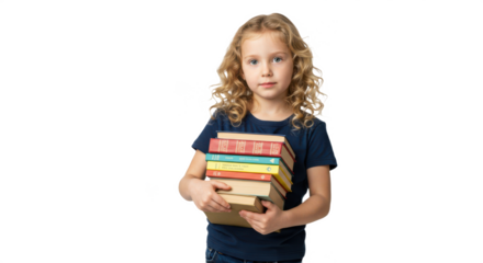 School child girl holding books isolated on white background PNG. Cute happy student with backpack, smiling kid studying, back to school education, childhood learning and academic knowledge concept