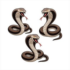 Cartoon Cobra Snake Vector Set,Aggressive Cobra Snake Illustration,Coiled Cobra Snake Clipart Collection,Vector Cobras with Fangs and Hood,Dangerous Snake Mascot Design,Colorful Cobra Snake Artwork