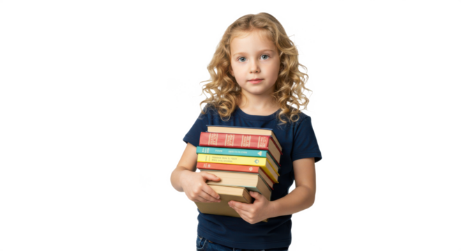 School child girl holding books isolated on white background PNG. Cute happy student with backpack, smiling kid studying, back to school education, childhood learning and academic knowledge concept