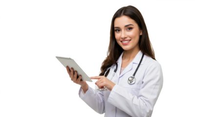 Female doctor or nurse holding tablet – medical health worker in uniform with digital device isolated on transparent PNG background – telemedicine, digital healthcare concept stock image