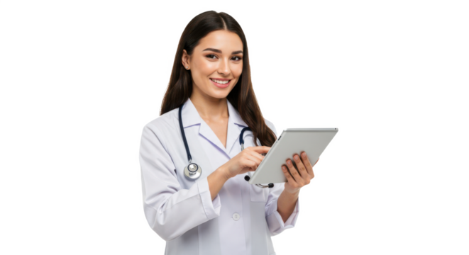 Female doctor or nurse holding tablet – medical health worker in uniform with digital device isolated on transparent PNG background – telemedicine, digital healthcare concept stock image