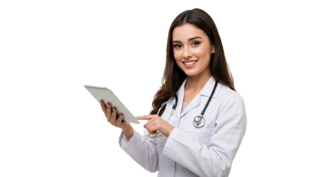 Female doctor or nurse holding tablet – medical health worker in uniform with digital device isolated on transparent PNG background – telemedicine, digital healthcare concept stock image