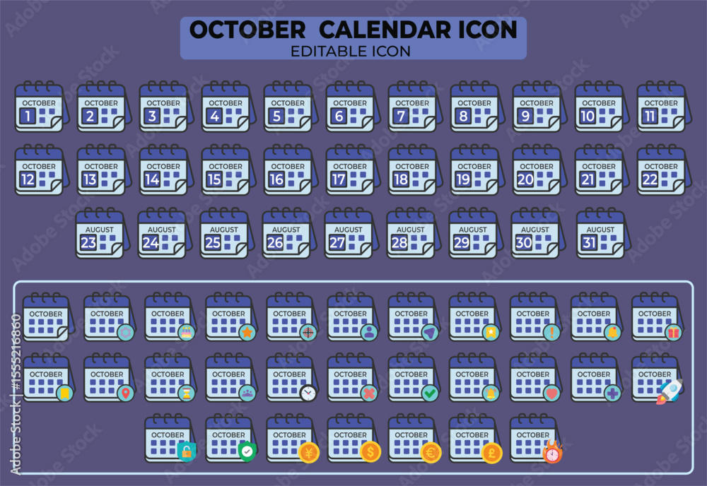 Poster collection of october calendar icons: a comprehensive set of editable vector graphics for scheduling