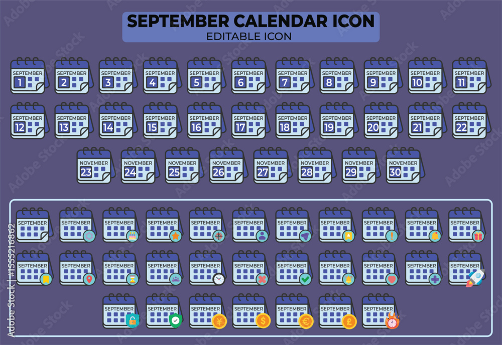 Poster september calendar icon set with editable elements for planning and scheduling, event and reminders