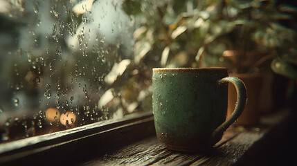 Rainy Day Window View with Green Mug and Fog