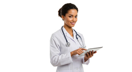 Female doctor or nurse holding tablet – medical health worker in uniform with digital device isolated on transparent PNG background – telemedicine, digital healthcare concept stock image