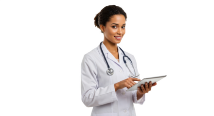 Female doctor or nurse holding tablet – medical health worker in uniform with digital device isolated on transparent PNG background – telemedicine, digital healthcare concept stock image