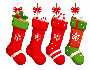 Christmas stockings hanging with candy, transparent background 