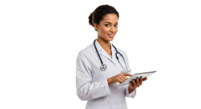 Female doctor or nurse holding tablet – medical health worker in uniform with digital device isolated on transparent PNG background – telemedicine, digital healthcare concept stock image - Powered by Adobe