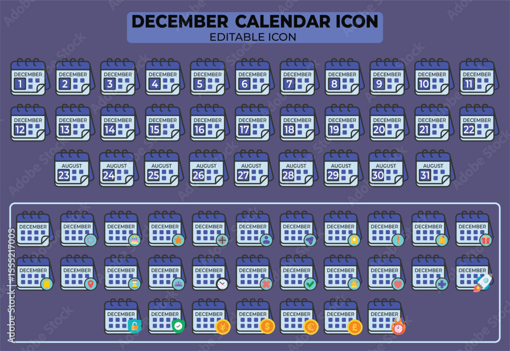 Poster december calendar icon set with editable design for scheduling and planning
