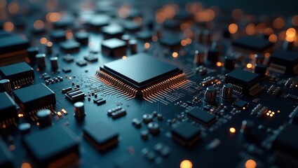 Close-up of a processor mounted on a motherboard with intricate circuits, glowing in a high-tech digital background.