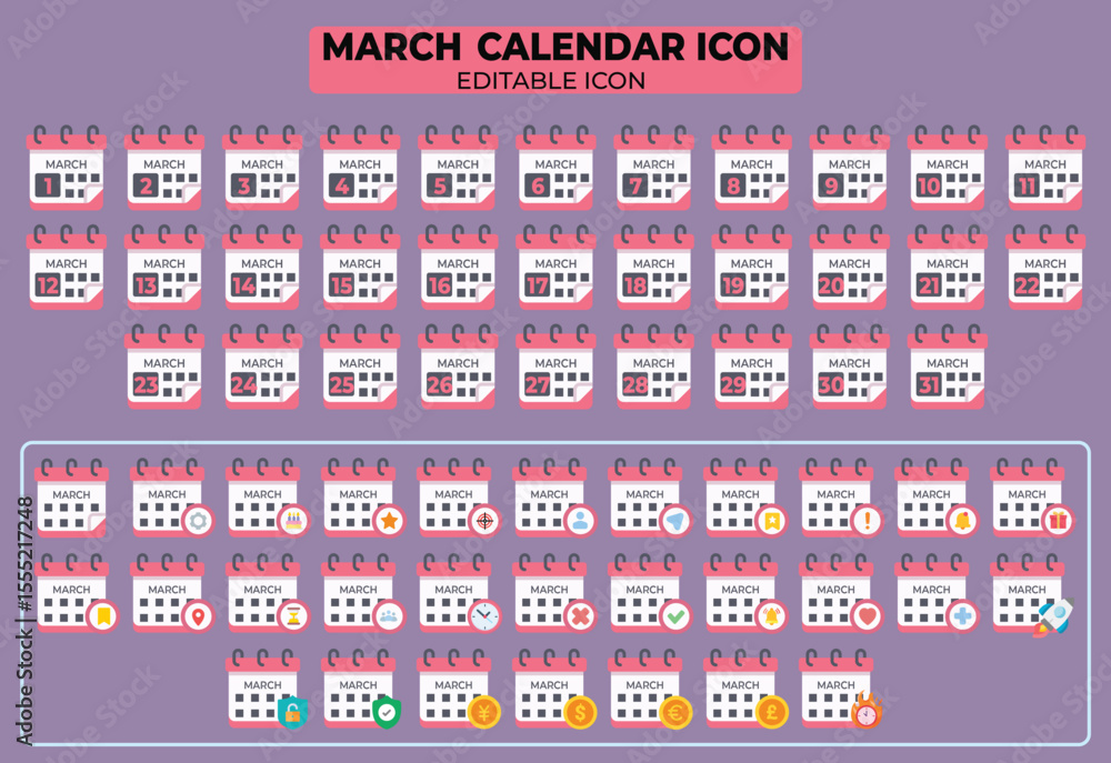 Poster march calendar icon set: editable vector design for scheduling and events promotion