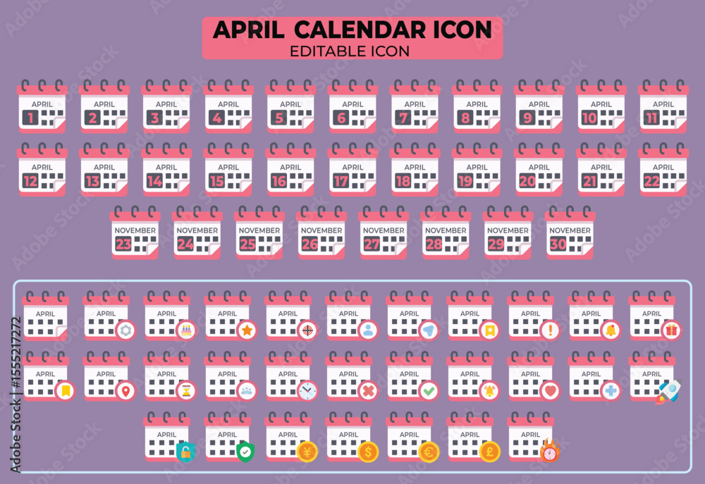 Aufkleber april calendar icon set for planning and scheduling, featuring editable vector graphics