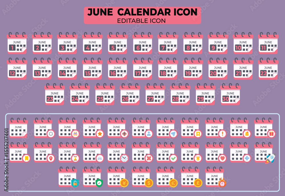 Poster editable june calendar icons set with various design elements for schedule management and event plan