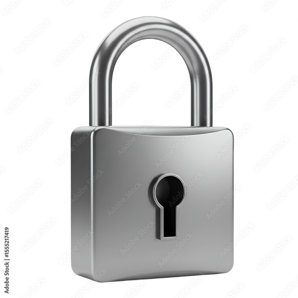 Poster shiny metallic silver padlock with a keyhole symbol and a shackle isolated on transparent background