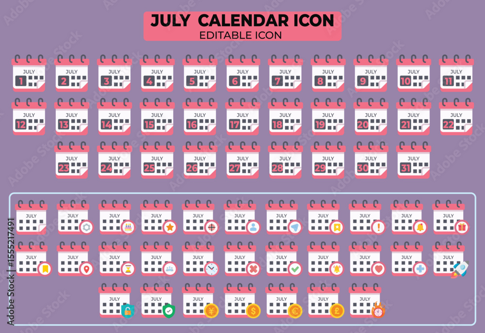 Aufkleber july calendar icons set with various symbols for scheduling and planning